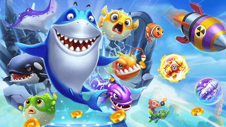ภาพเกมยิงปลาสีสันสดใสพร้อมตัวละครใต้น้ำบนหน้าจอ